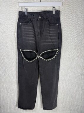Black Straight-Leg Jeans with Rhinestone Knee Cutouts